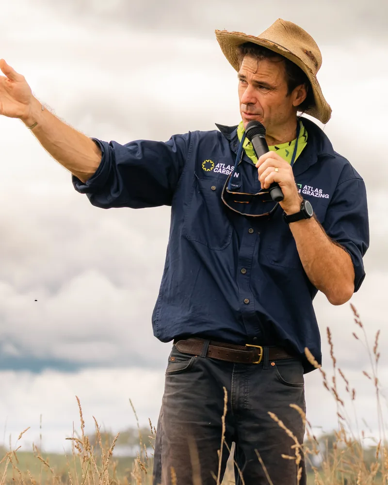 Bart Davidson of Atlas Grazing and Atlas Carbon speaking to producers in the paddock